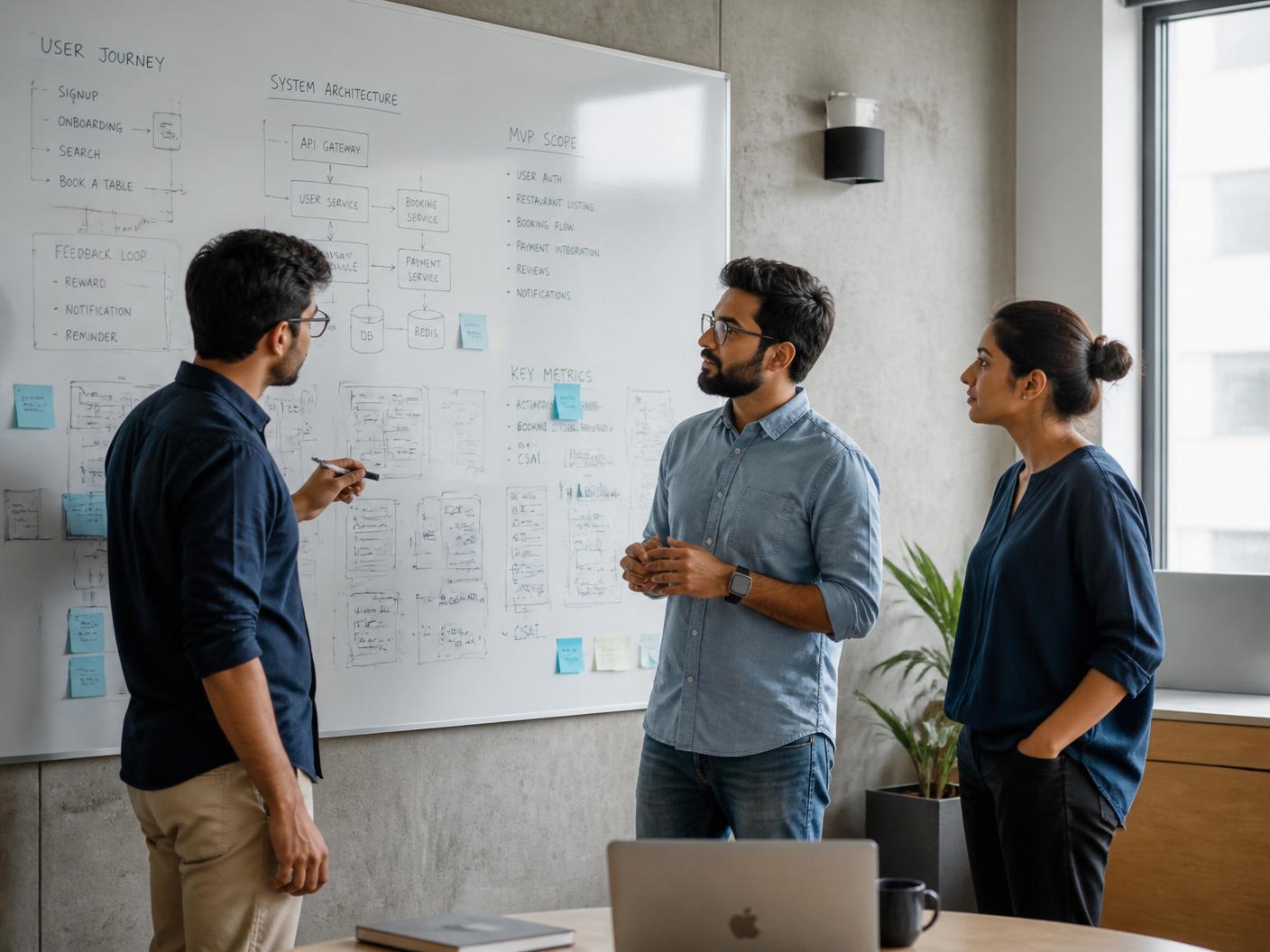 An Indian startup team reviewing a system architecture on a whiteboard